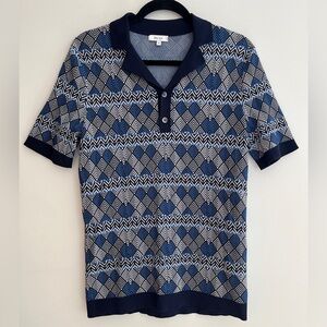 REISS Prestwick Short Sleeve Knit Polo Shirt Cuban Collar Blue Tones Geometric